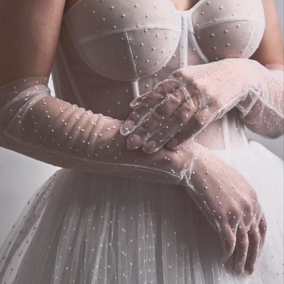 Elegant Sheer White Polka Dot Opera Elbow Gloves Tea Wedding Bridal Brunch